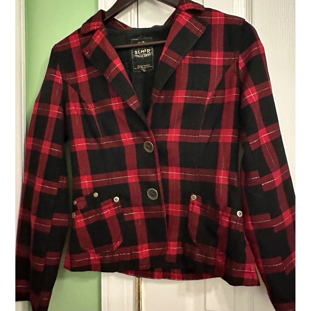 SEMIR Red Black Plaid Blazer Jacket Women's‎ Size M Glitter Accents